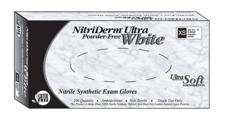 NitriDerm Ultra White Nitrile Exam Glove, Small-Exam Glove NitriDerm Ultra White Small NonSterile Nitrile Standard Cuff Length Fully Textured White Chemo Tested / Fentanyl Tested