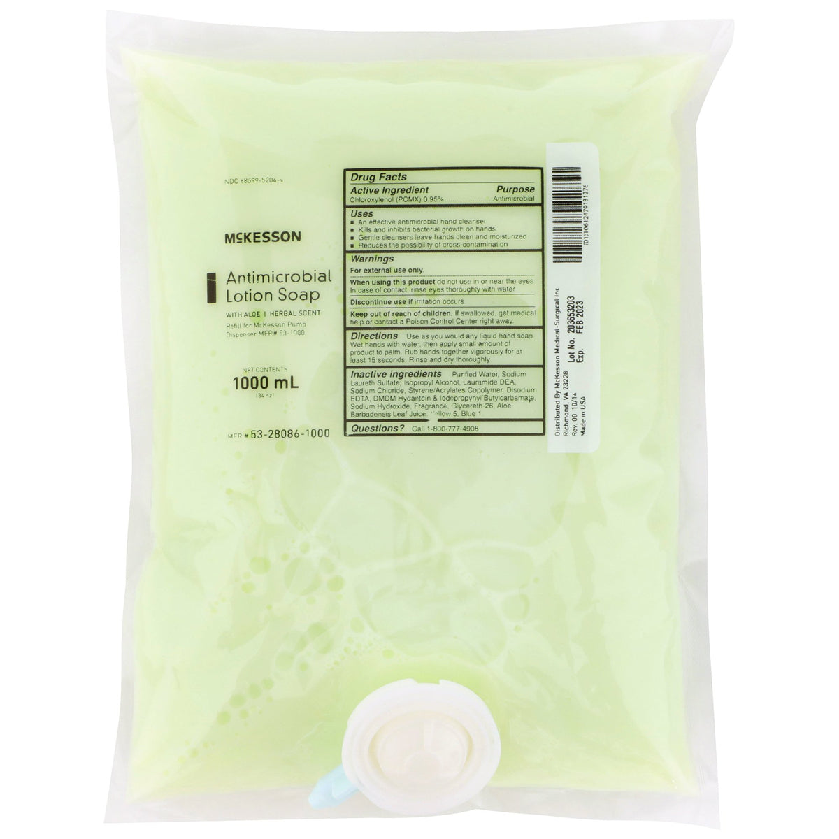 McKesson Antimicrobial Lotion Soap, Herbal Scent, With Aloe, 1,000 mL Refill Bag-"Antimicrobial Soap McKesson Lotion 1,000 mL Dispenser Refill Bag Herbal Scent"