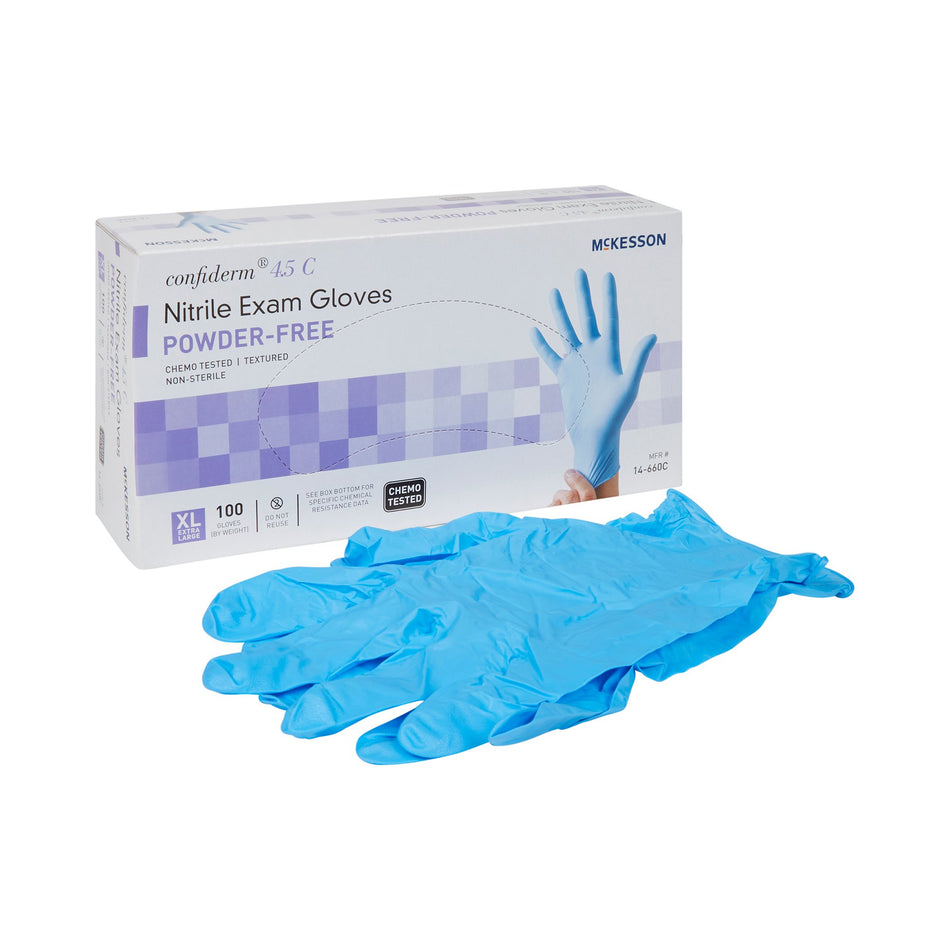 McKesson Confiderm 4.5C Nitrile Exam Glove, Extra Large, Blue-Exam Glove McKesson Confiderm 4.5C X-Large NonSterile Nitrile Standard Cuff Length Textured Fingertips Blue Chemo Tested