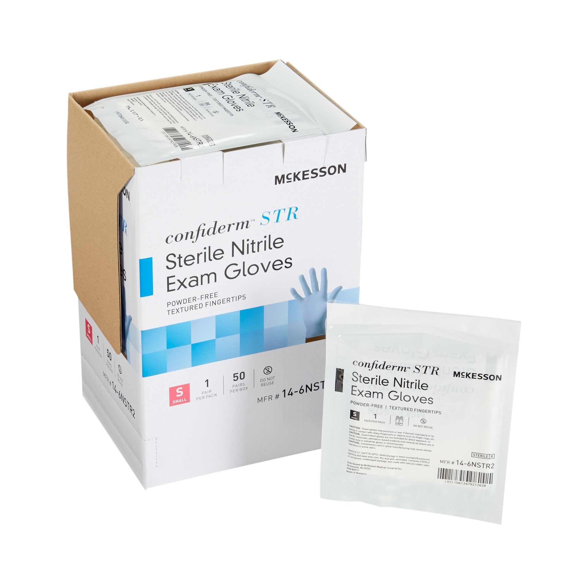 McKesson Confiderm STR Nitrile Exam Glove, Small, Blue-Exam Glove McKesson Confiderm STR Small Sterile Pair Nitrile Standard Cuff Length Textured Fingertips Blue Not Rated