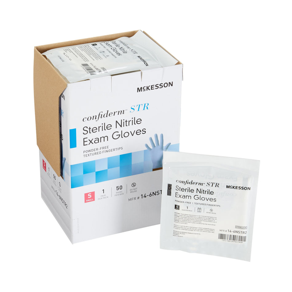 McKesson Confiderm STR Nitrile Exam Glove, Small, Blue-Exam Glove McKesson Confiderm STR Small Sterile Pair Nitrile Standard Cuff Length Textured Fingertips Blue Not Rated