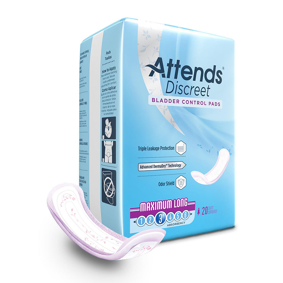 Attends Discreet Women's Maximum Long Bladder Control Pad, 14-Inch Length-Bladder Control Pad Attends Discreet 14-1/2 Inch Length Moderate Absorbency Polymer Core One Size Fits Most