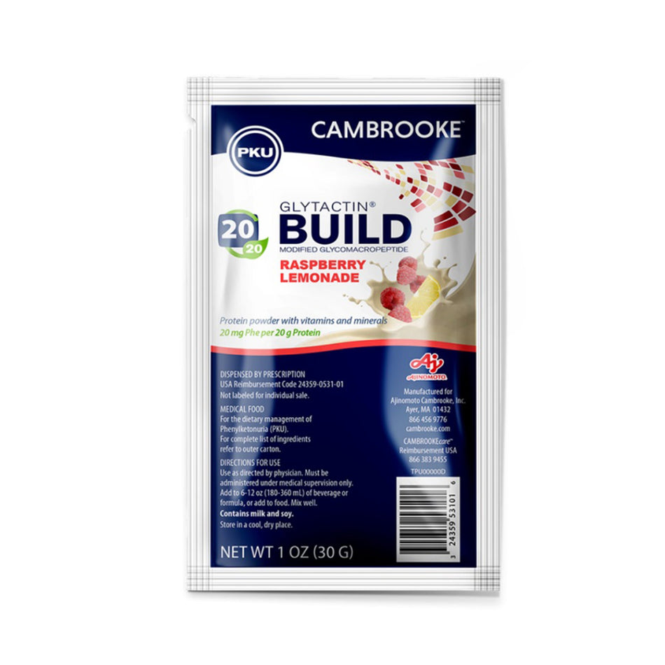 Glytactin Build 20/20 Glycomacropeptide (GMP) Medical Food for the Dietary Management of PKU, Raspberry Lemonade Flavor-Oral Supplement Glytactin BUILD 20/20 Raspberry Lemonade Flavor Powder 1.1 oz. Individual Packet