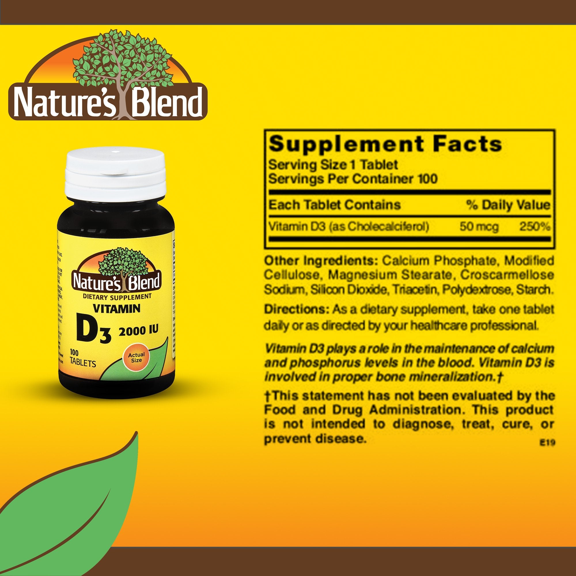 Nature's Blend Vitamin D-3 Supplement-"Vitamin Supplement Nature's Blend Vitamin D 2,000 IU Strength Tablet 100 per Bottle"