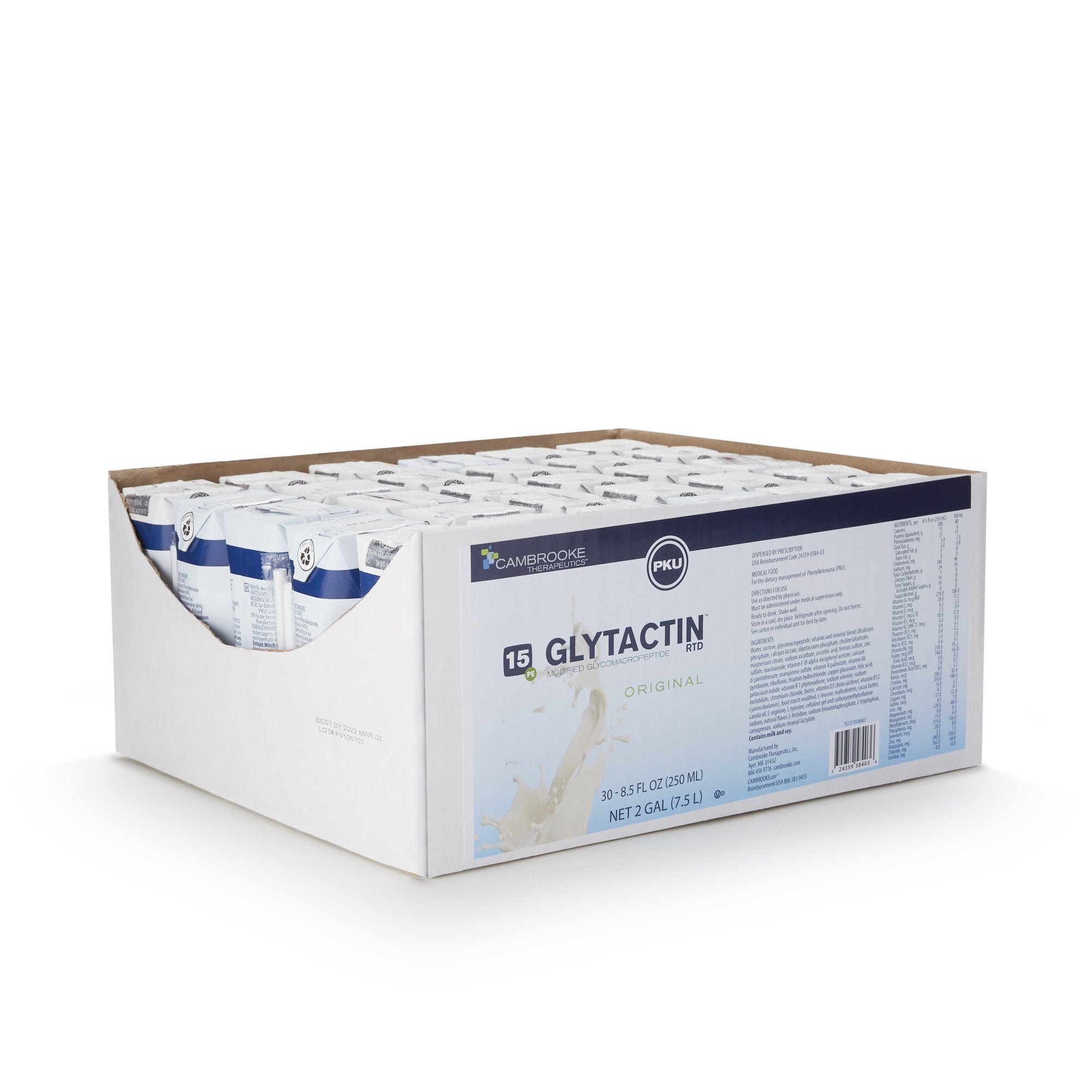Glytactin RTD 15 PKU Low Phenylalanine GMP-based Medical Food, 8.5-ounce carton-Oral Supplement Glytactin RTD 15 Original Flavor Liquid 8.5 oz. Carton