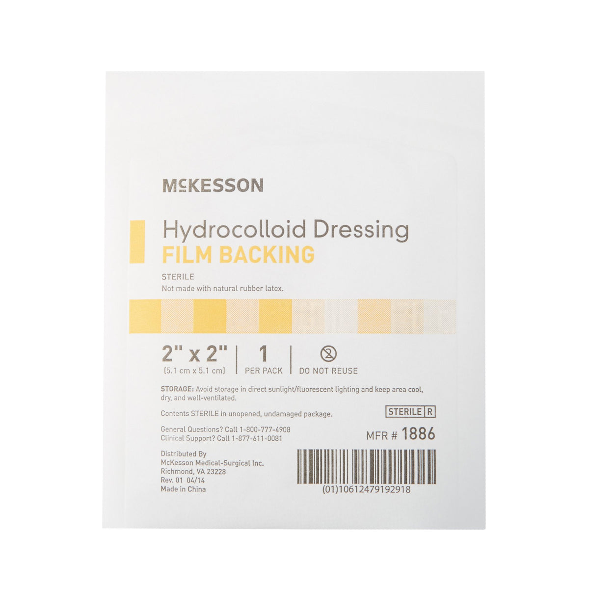 McKesson Hydrocolloid Dressing, 2 x 2 Inch-Hydrocolloid Dressing McKesson Waterproof Film Backing 2 X 2 Inch Square Hydrocolloid / Film