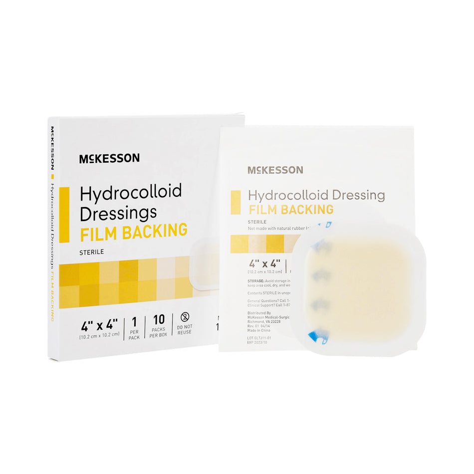 McKesson Hydrocolloid Dressing, 4 x 4 Inch-Hydrocolloid Dressing McKesson Waterproof Film Backing 4 X 4 Inch Square Hydrocolloid / Film