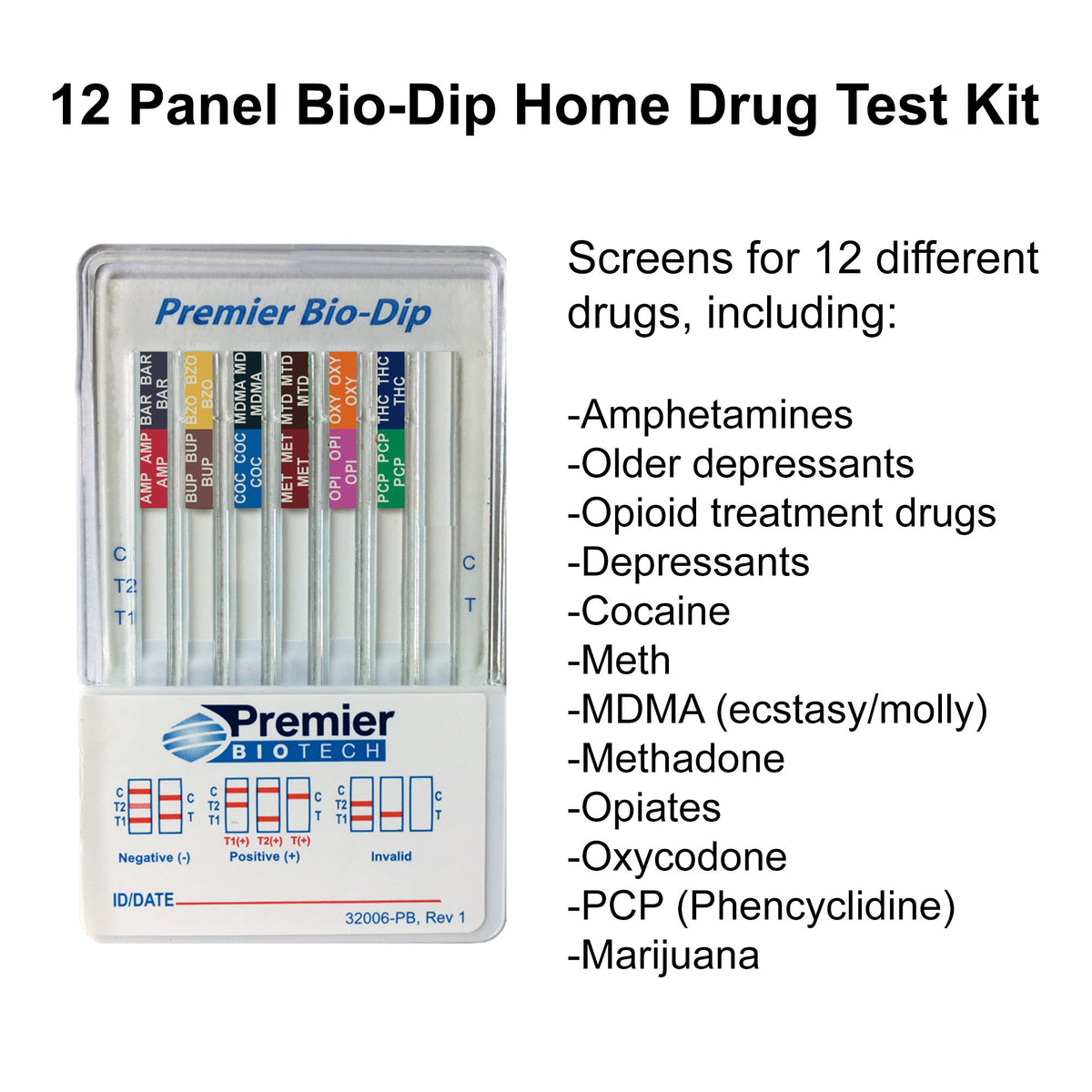 Premier Bio-Dip 12-Drug Panel Drugs of Abuse Test-"Drugs of Abuse Test Kit Premier Bio-Dip AMP, BAR, BUP, BZO, COC, mAMP/MET, MDMA, MTD, OPI, OXY, PCP, THC 50 25 Tests CLIA Waived"