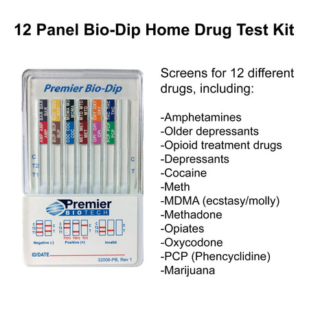 Premier Bio-Dip 12-Drug Panel Drugs of Abuse Test-"Drugs of Abuse Test Kit Premier Bio-Dip AMP, BAR, BUP, BZO, COC, mAMP/MET, MDMA, MTD, OPI, OXY, PCP, THC 50 25 Tests CLIA Waived"