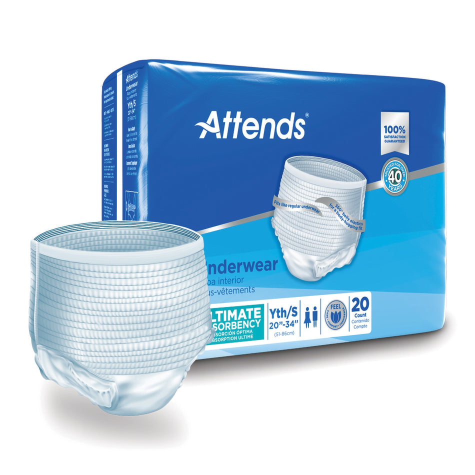 Attends Advanced Underwear, Youth / Small-Unisex Adult Absorbent Underwear Attends Advanced Pull On with Tear Away Seams Small Disposable Heavy Absorbency