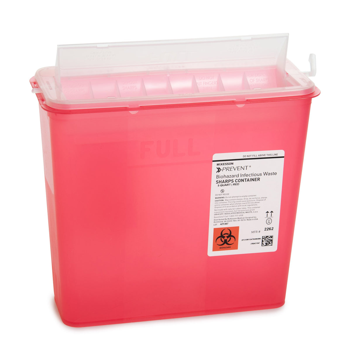 McKesson Prevent Red Sharps Container, 1-1/4 Gallon, 10-3/4 x 10-1/2 x 4-3/4 Inch-Sharps Container McKesson Prevent Translucent Red Base 10-3/4 H X 10-1/2 W X 4-3/4 D Inch Horizontal Entry 1.25 Gallon