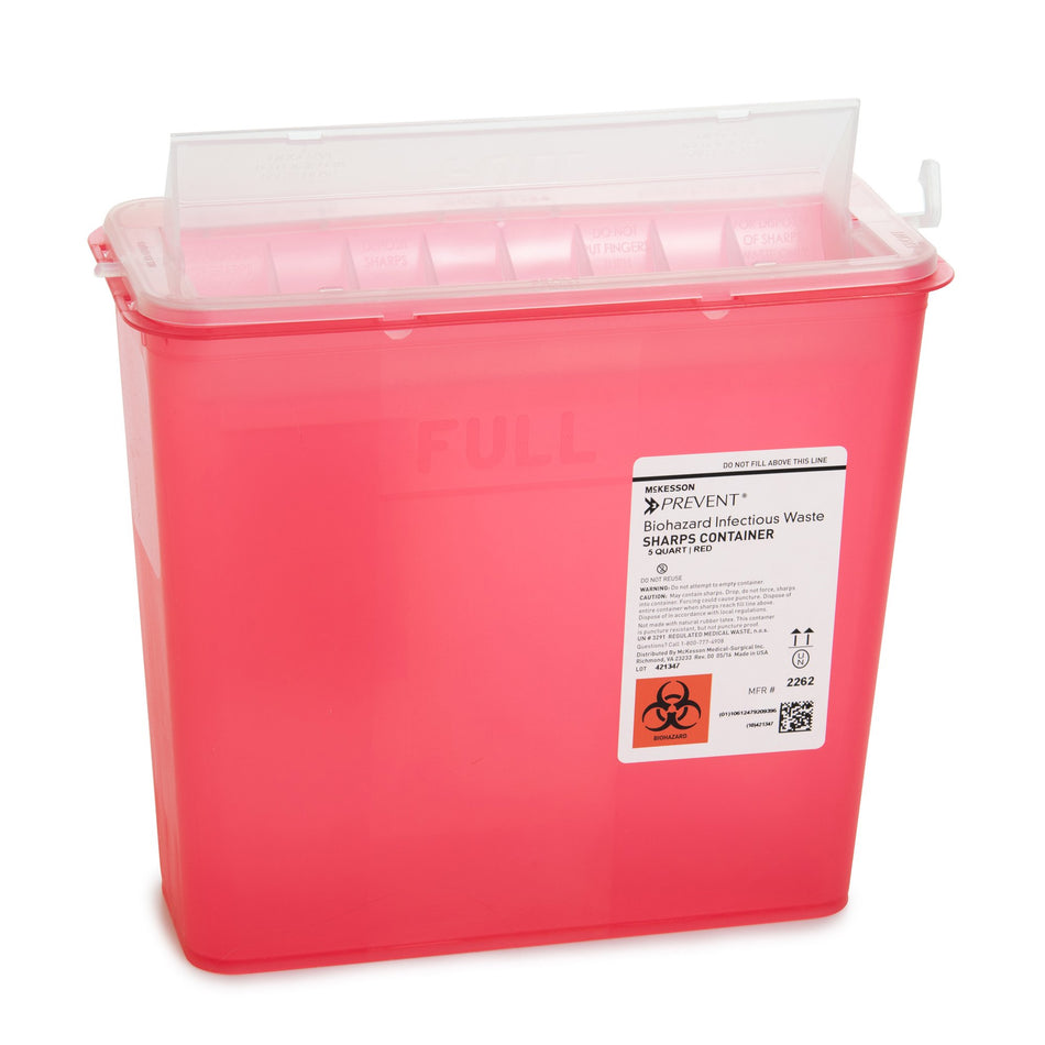 McKesson Prevent Red Sharps Container, 1-1/4 Gallon, 10-3/4 x 10-1/2 x 4-3/4 Inch-Sharps Container McKesson Prevent Translucent Red Base 10-3/4 H X 10-1/2 W X 4-3/4 D Inch Horizontal Entry 1.25 Gallon