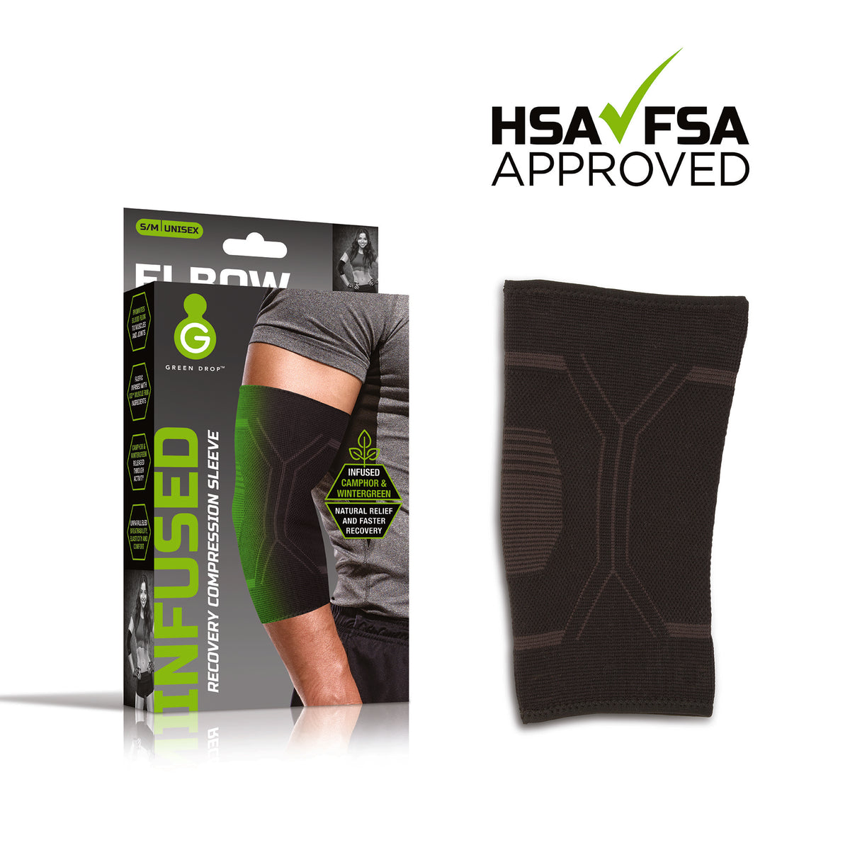 Green Drop Infused Compression Sleeve Elbow Support, Small/Medium-Elbow Support Green Drop Small / Medium Pull-On Sleeve Left or Right Elbow 8 to 12 Inch Elbow Circumference Black