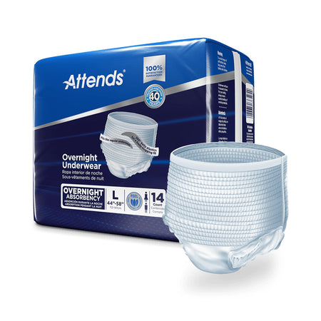 Attends Overnight Underwear with Extended Wear Protection, Large-Unisex Adult Absorbent Underwear Attends Overnight Pull On with Tear Away Seams Large Disposable Heavy Absorbency