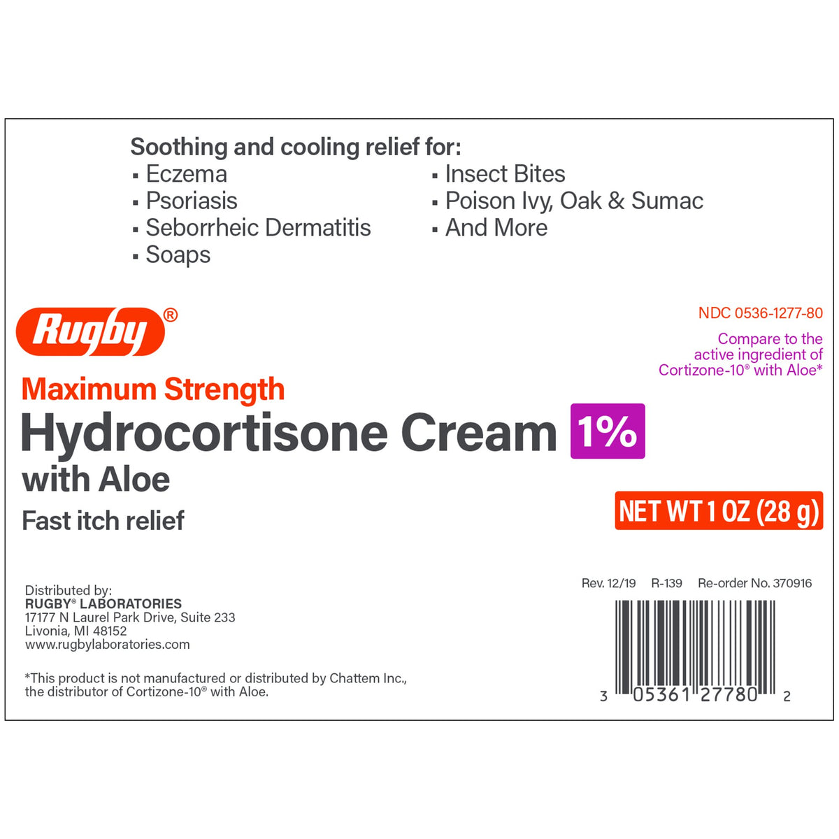Rugby Hydrocortisone Itch Relief Cream, 1-ounce Tube-Itch Relief 1% Strength Cream 1 oz. Tube