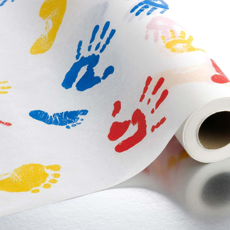 Tiny Tracks� Crepe Table Paper, 18 Inch x 125 Foot, White-Table Paper Tiny Tracks� 18 Inch Width 125 Foot Length Print (Hands) Crepe