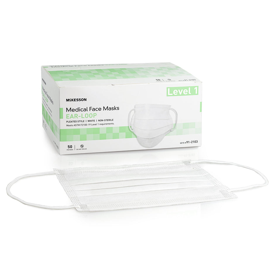 McKesson ASTM Level 1 Medical Face Masks, White-Procedure Mask McKesson ASTM Level 1 Earloops One Size Fits Most