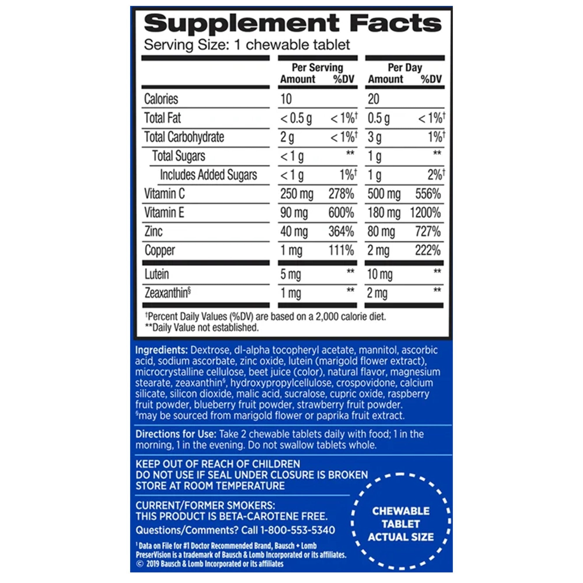 Bausch + Lomb PreserVision AREDS 2 Chewables, Mixed Berry Flavor-Vitamin Supplement PreserVision Areds 2 Chewable Tablet 60 per Bottle Mixed Berry Flavor