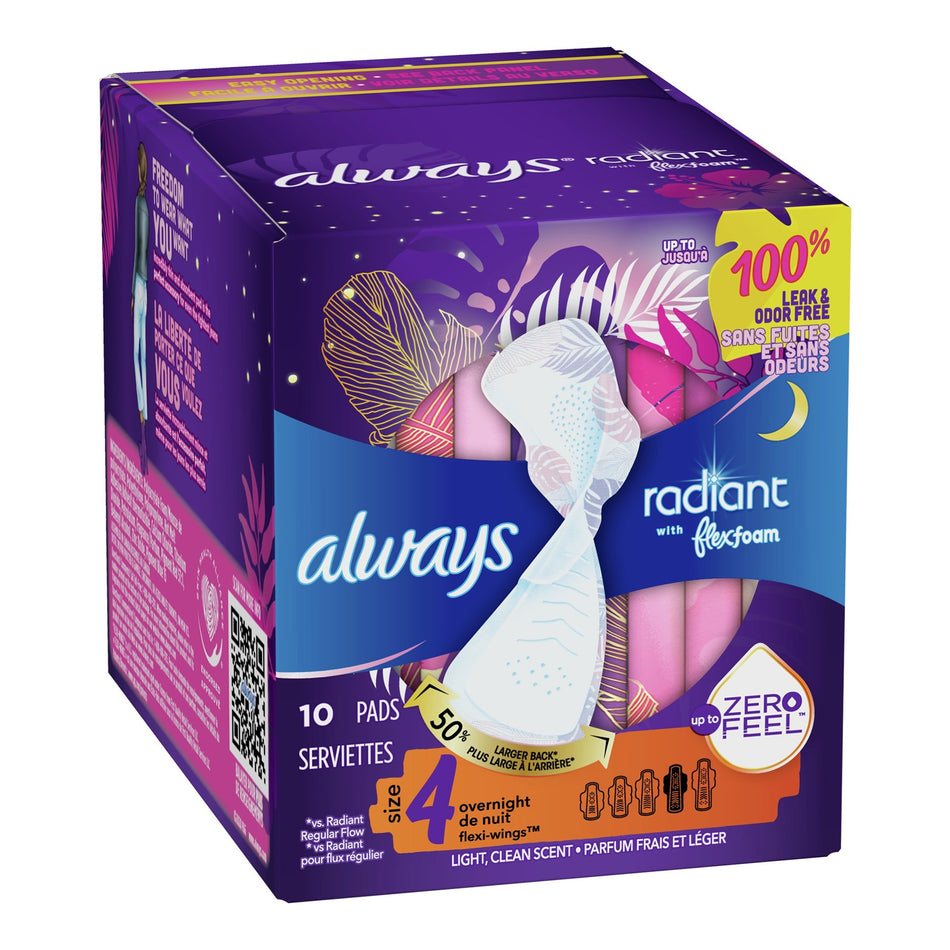 Always® Radiant Overnight Pads, Size 4 - Personal Hygiene>Feminine Protection>Feminine Pads - Procter & Gamble