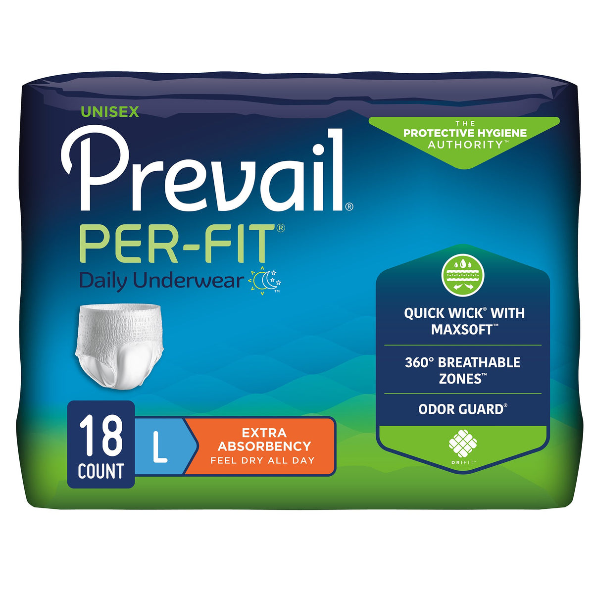 Prevail Per-Fit Extra Absorbent Underwear, Large-Unisex Adult Absorbent Underwear Prevail Per-Fit Extra Pull On with Tear Away Seams Large Disposable Heavy Absorbency