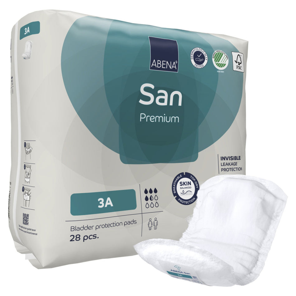 Abena San Premium Bladder Protection Pads, Size 3A-Bladder Control Pad Abena San Premium 4.3 X 12.9 Inch Moderate Absorbency Fluff / Polymer Core Size 3A