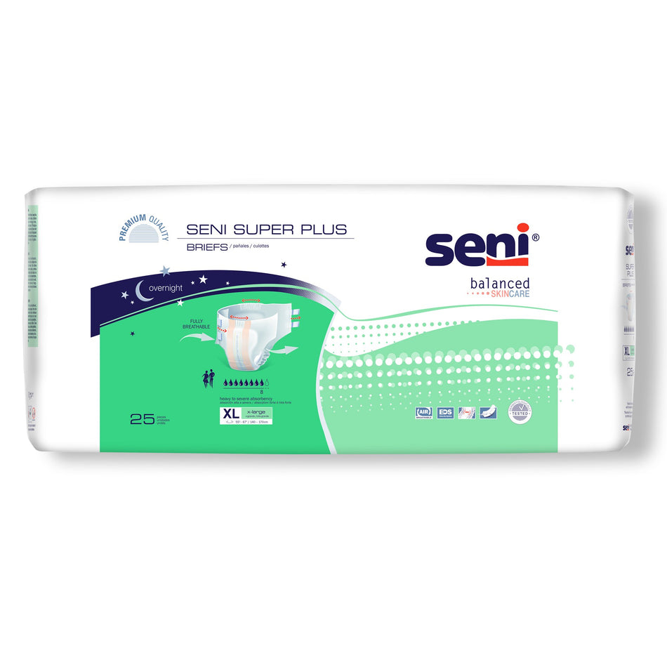 Seni Super Plus Overnight Heavy to Severe Absorbency Incontinence Brief, Extra Large-Unisex Adult Incontinence Brief Seni Super Plus X-Large Disposable Heavy Absorbency