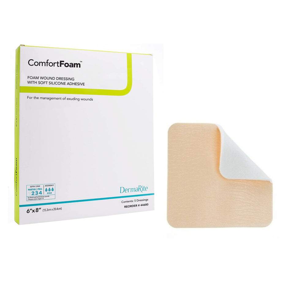 ComfortFoam� Silicone Adhesive without Border Silicone Foam Dressing, 6 x 8 Inch-Foam Dressing ComfortFoam� 6 X 8 Inch Without Border Film Backing Silicone Face Rectangle Sterile