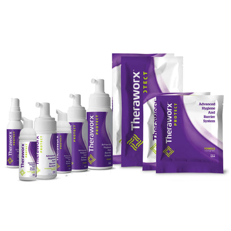 Theraworx Rinse-Free Foaming Body Wash 8 oz.-Rinse-Free Skin Cleanser with Silver Theraworx Protect Advanced Hygiene and Barrier System Foaming 7.1 oz. Pump Bottle Lavender Scent