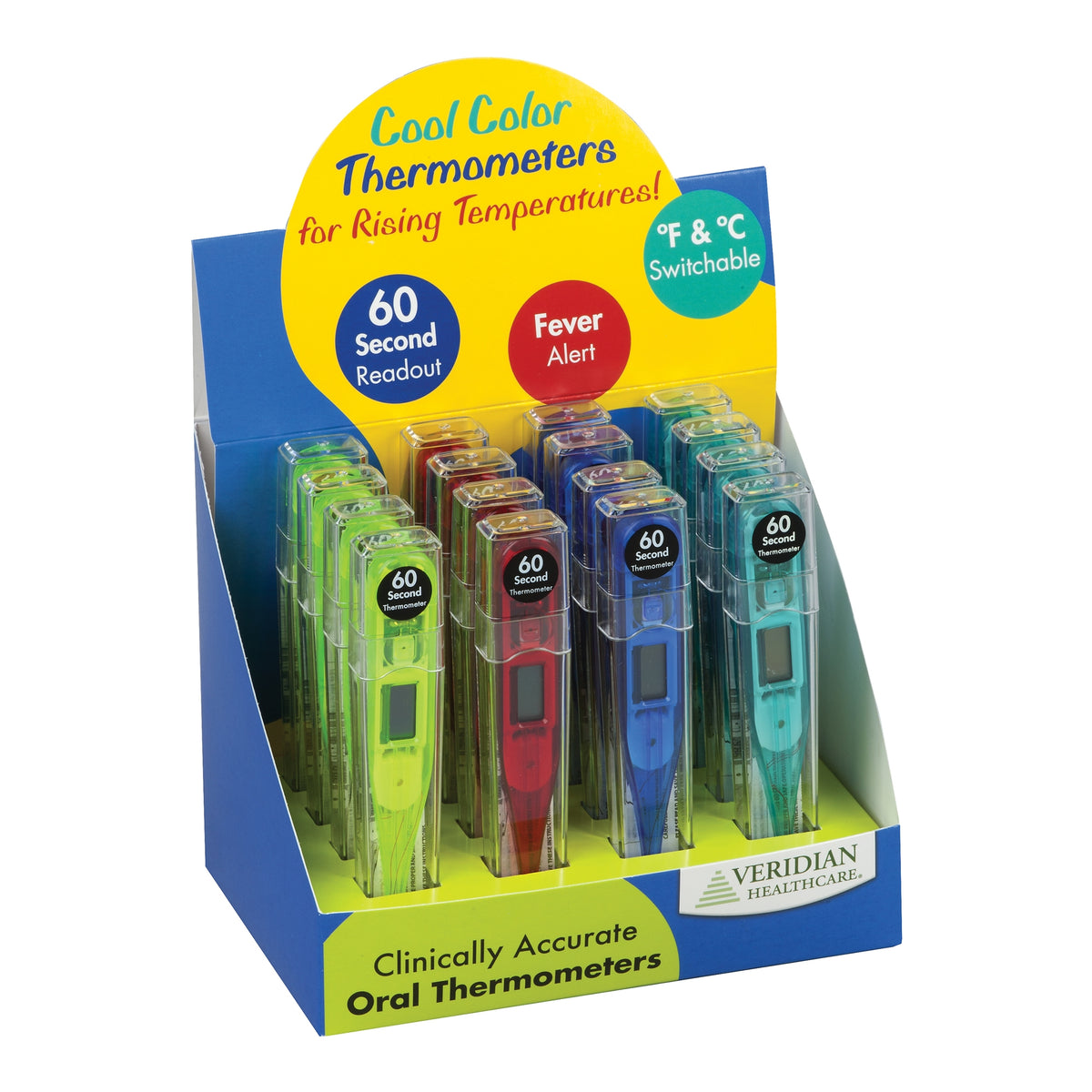 60 Second Digital Thermometers, 16 Piece Display-Digital Thermometer Display Kit Veridian Oral / Rectal / Axillary Probe Handheld