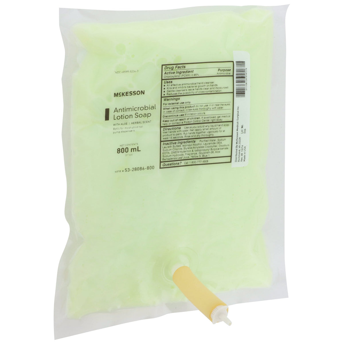 McKesson Antimicrobial Lotion Soap, Herbal Scent, 800 mL, Dispenser Refill Bag, Green, 0.95% Strength-Antimicrobial Soap McKesson Lotion 800 mL Dispenser Refill Bag Herbal Scent