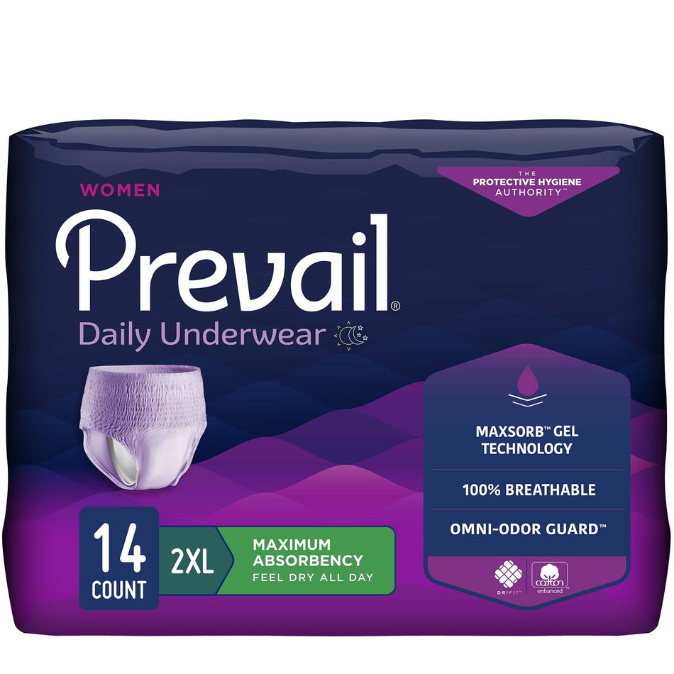 Prevail for Women Daily Absorbent Underwear, 2X-Large-Female Adult Absorbent Underwear Prevail Daily Underwear Pull On with Tear Away Seams 2X-Large Disposable Heavy Absorbency
