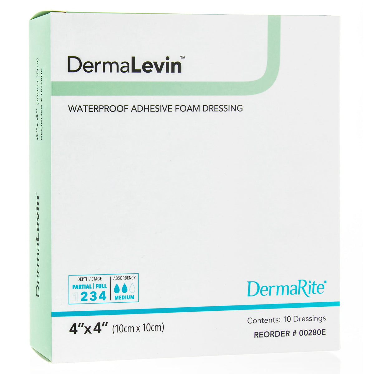 DermaLevin Adhesive with Border Foam Dressing, 4 x 4 Inch-Foam Dressing DermaLevin 4 X 4 Inch With Border Waterproof Backing Hydrocolloid Adhesive Square Sterile