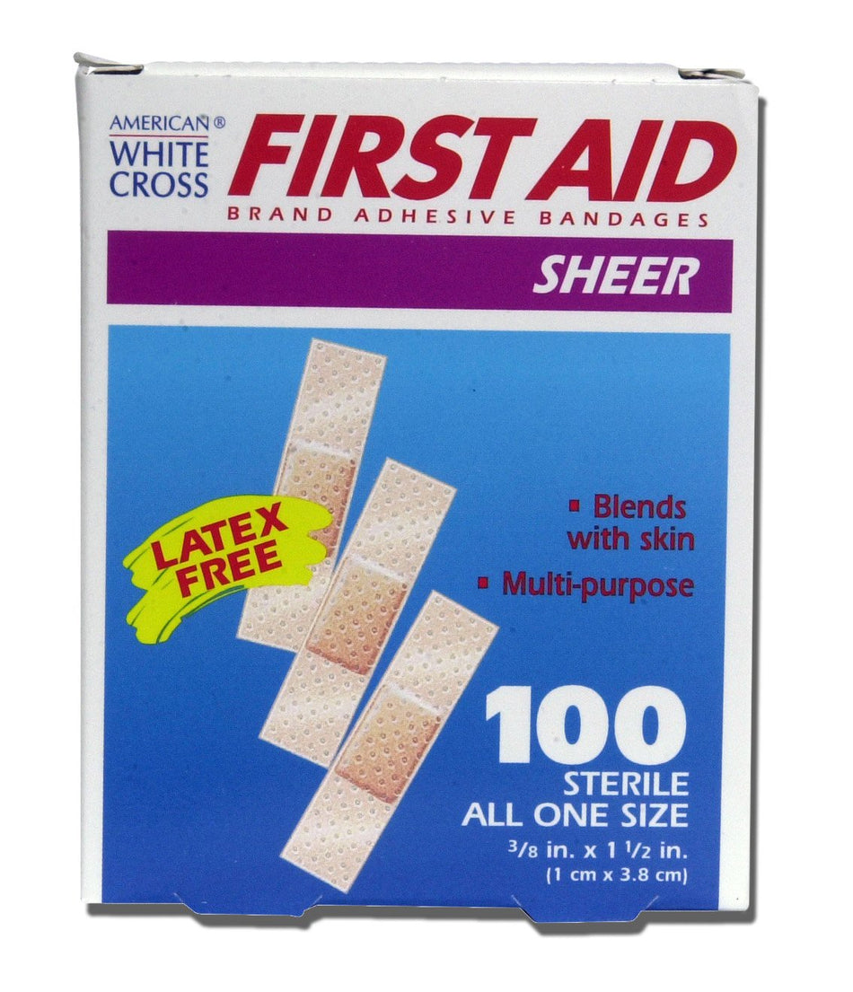 American White Cross First Aid Adhesive Strip, 3/8 x 1 Inch-Adhesive Strip American White Cross 3/8 X 1-1/2 Inch Plastic Rectangle Tan Sterile