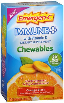 Emergen-C 1000 mg Vitamin C Chewables Orange Blast-"Multivitamin Supplement Emergen-C Ascorbic Acid / Vitamin D / Vitamin E 1,000 mg - 600 IU - 30 IU Strength Tablet 14 per Box Orange Flavor"
