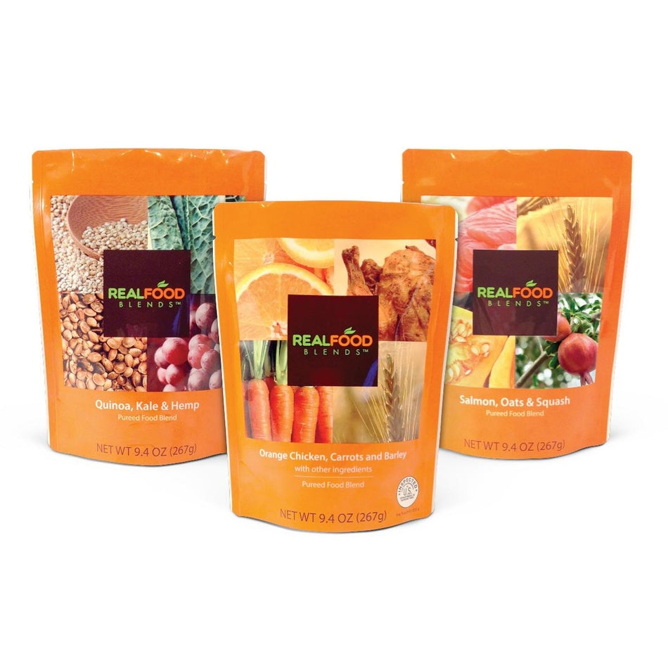 Real Food Blends Variety Pack Pureed Food Blend for Tube Feeding, 9.4-ounce pouch-Tube Feeding Formula Real Food Blends Chicken / Salmon / Quinoa Flavor Liquid 9.4 oz. Pouch