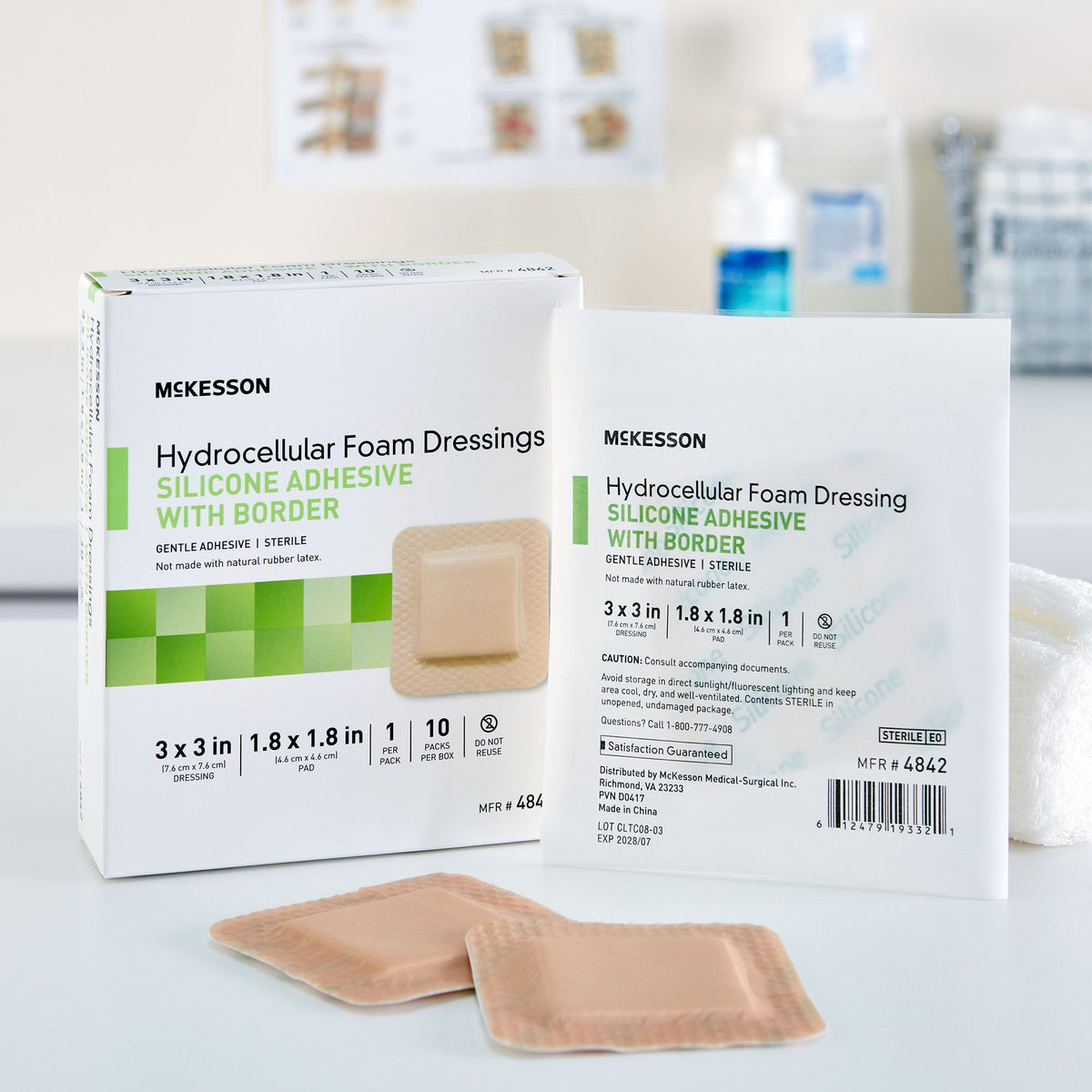 McKesson Silicone Adhesive with Border Silicone Foam Dressing, 3 x 3 Inch-Foam Dressing McKesson 3 X 3 Inch With Border Film Backing Silicone Gel Adhesive Square Sterile