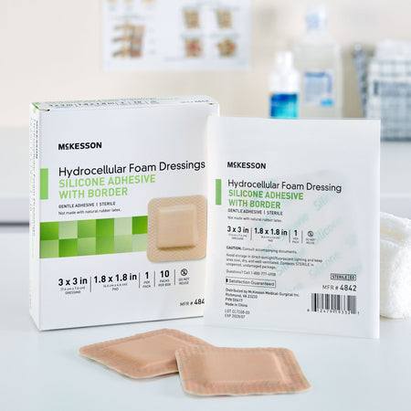 McKesson Silicone Adhesive with Border Silicone Foam Dressing, 3 x 3 Inch-Foam Dressing McKesson 3 X 3 Inch With Border Film Backing Silicone Gel Adhesive Square Sterile