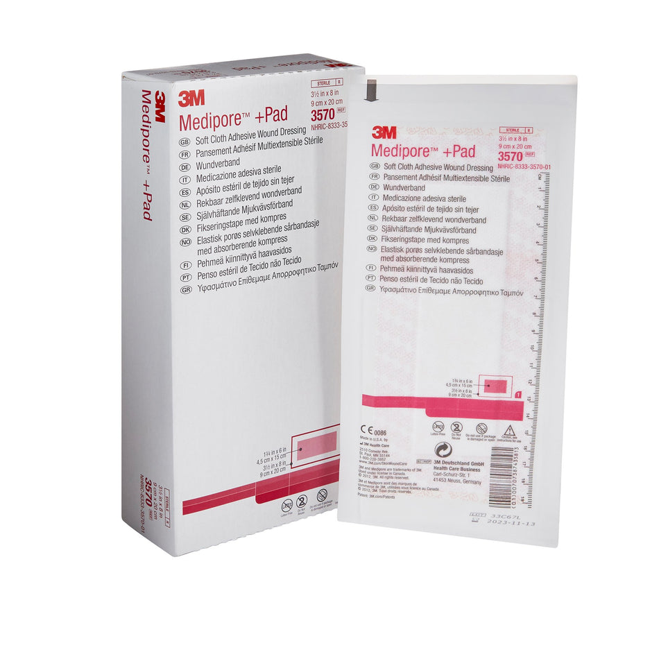3M� Medipore� + Pad Soft Cloth Adhesive Dressing, 3� x 8 Inch-Composite Dressing 3M� Medipore� 3-1/2 X 8 Inch Rectangle Sterile Nonwoven Backing