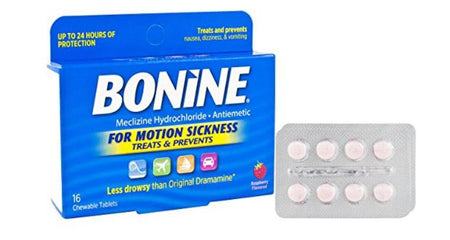 Bonine Meclizine Hydrochloride Antiemetic for Motion Sickness Chewable Tablets Raspberry Flavor-Nausea Relief Bonine 25 mg Strength Chewable Tablet 16 per Box