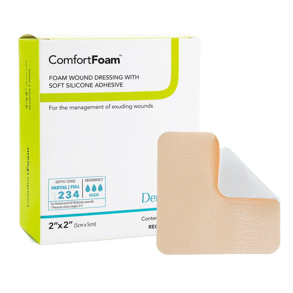 ComfortFoam� Silicone Adhesive without Border Silicone Foam Dressing, 2 x 2 Inch-Foam Dressing ComfortFoam� 2 X 2 Inch Without Border Film Backing Silicone Face Square Sterile