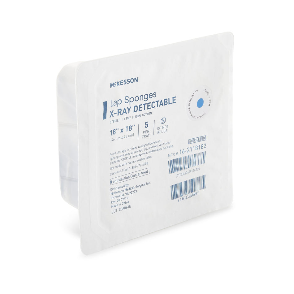 McKesson Laparotomy Sponge, 18 x 18 Inch-Surgical Laparotomy Sponge McKesson X-Ray Detectable Cotton 18 X 18 Inch 5 Count Hard Pack Sterile