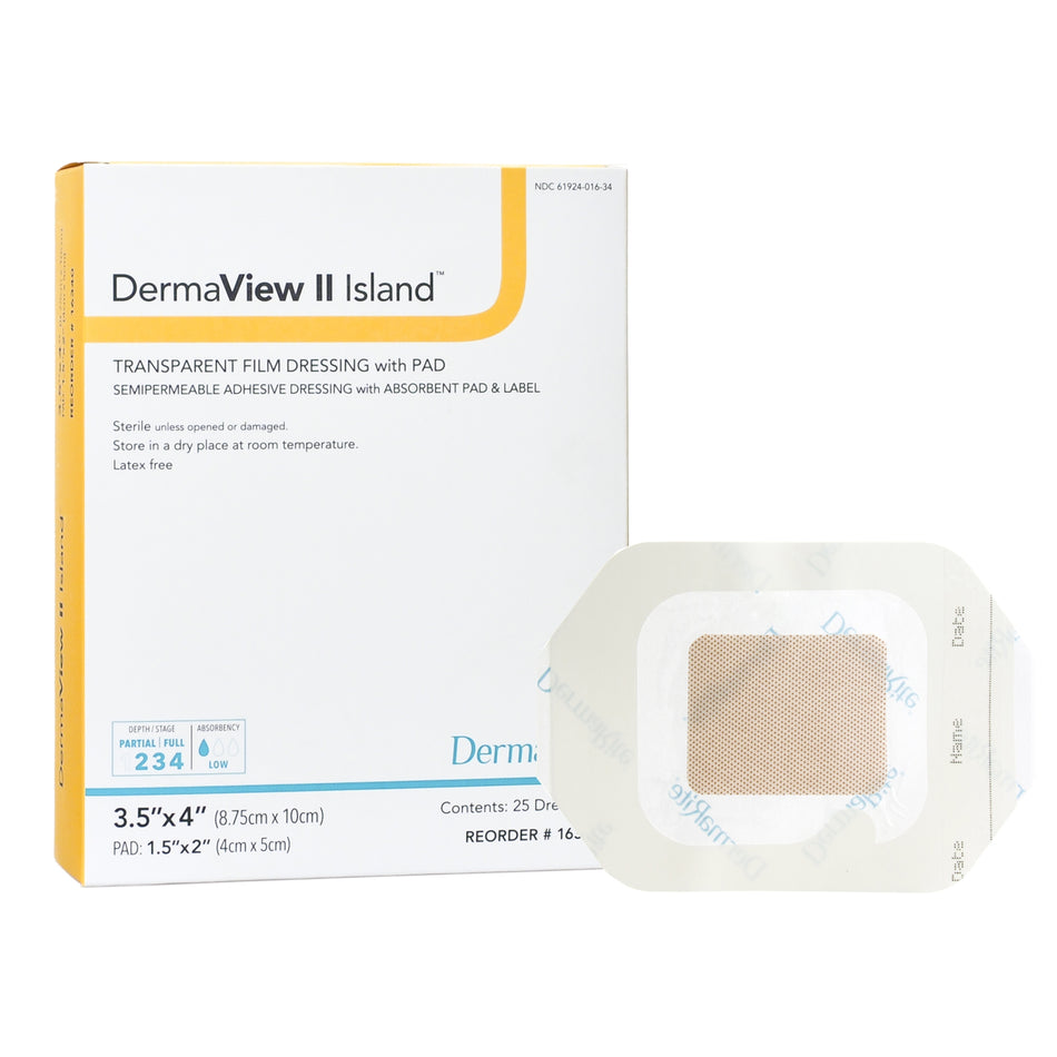 DermaView II� Island Transparent Film Dressing with Pad, 3� x 4 Inch-Transparent Film Dressing with Pad DermaView II� Island 3-1/2 X 4 Inch Frame Style Delivery Rectangle Sterile