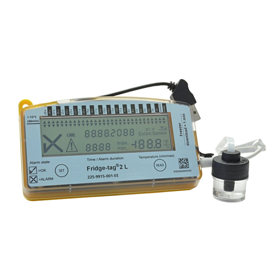 Fridge-tag 2L Freezer Vaccine Data Logger with Alarm-Freezer Vaccine Data Logger with Alarm Fridge-tag 2L Fahrenheit / Celsius -22 to +131F (-30 to +55C) Glycol Bottle Probe Battery Operated