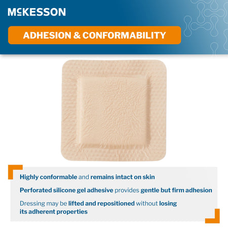 McKesson Silicone Adhesive with Border Silicone Foam Dressing, 6 x 6 Inch-Foam Dressing McKesson 6 X 6 Inch With Border Film Backing Silicone Gel Adhesive Square Sterile