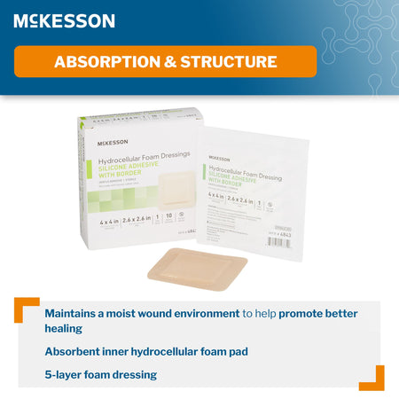 McKesson Silicone Adhesive with Border Silicone Foam Dressing, 4 x 4 Inch-Foam Dressing McKesson 4 X 4 Inch With Border Film Backing Silicone Gel Adhesive Square Sterile