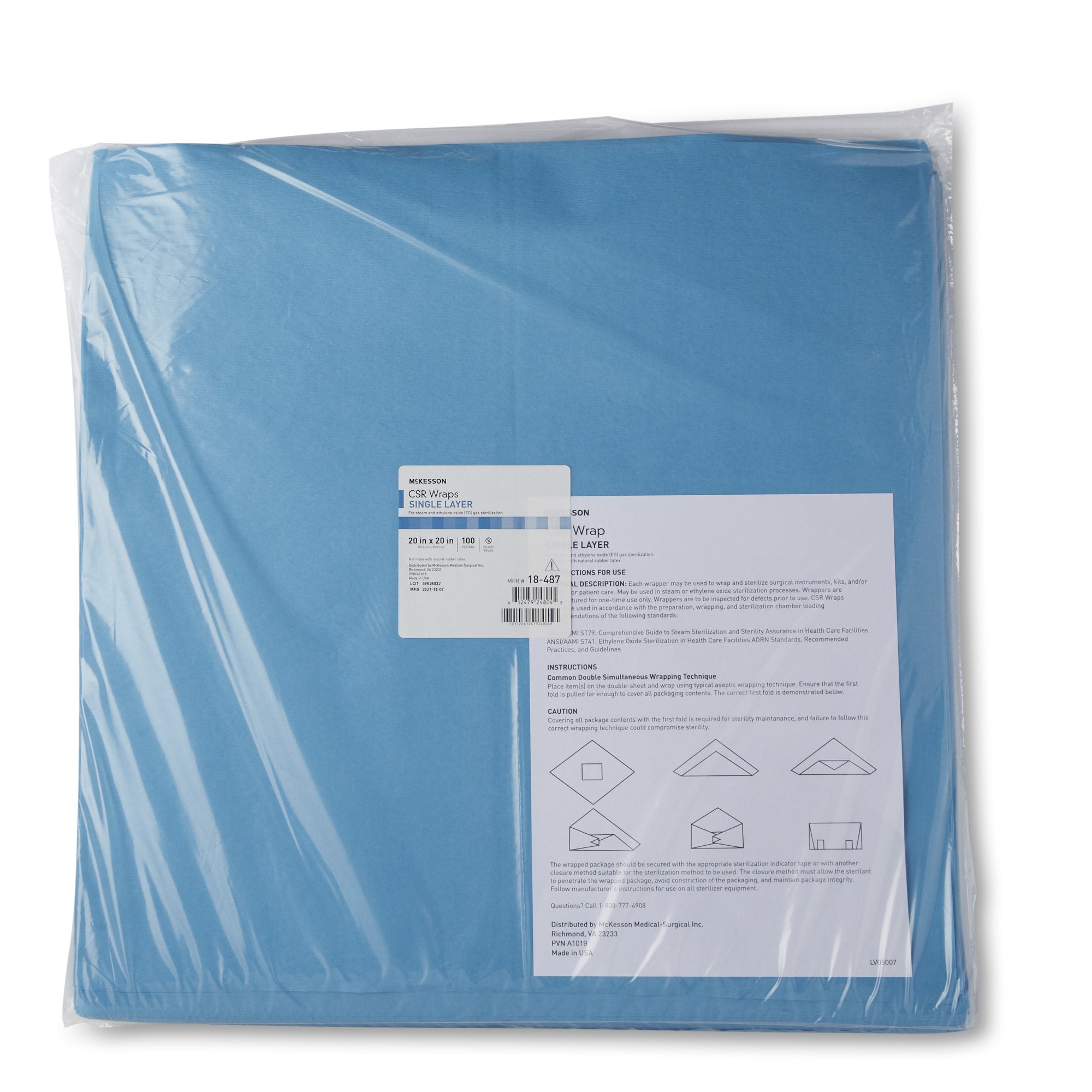 McKesson Single Layer Sterilization Wrap, 20 x 20 Inch-McKesson Sterilization Wrap Blue 20 X 20 Inch Single Layer Cellulose Steam / EO Gas