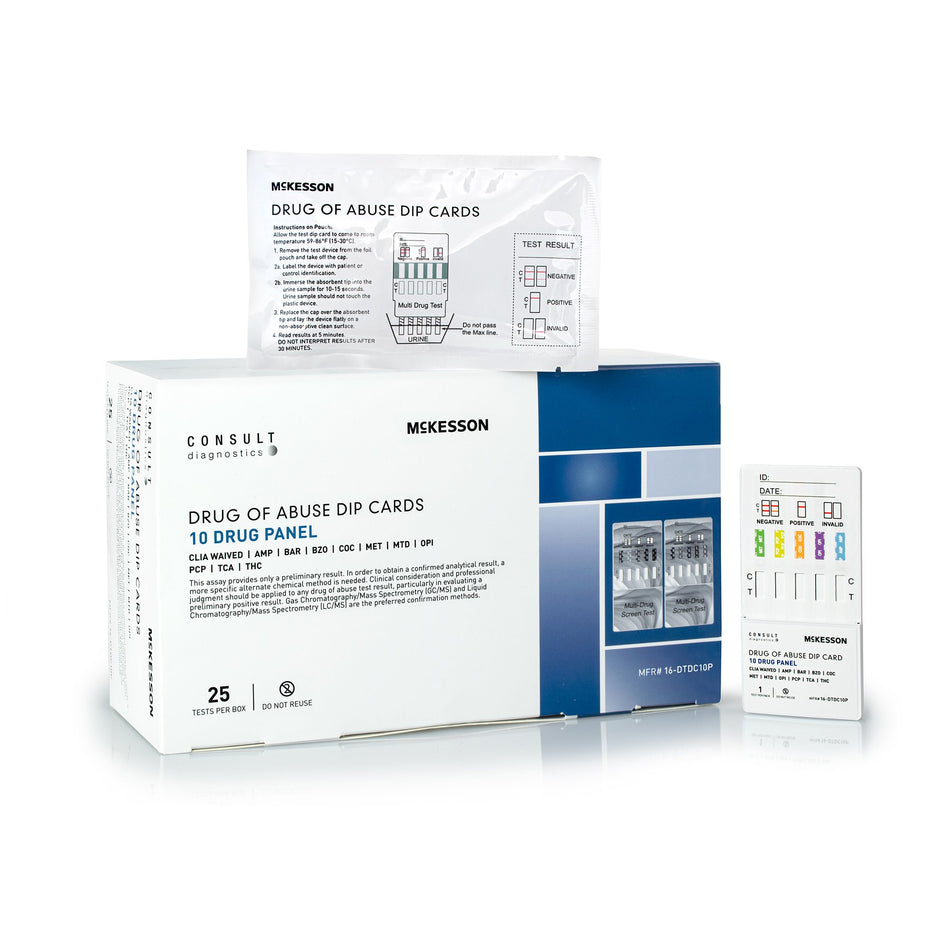 McKesson Consult� 10-Drug Panel with Adulterants Drugs of Abuse Test Kit-"Drugs of Abuse Test Kit McKesson Consult� AMP, BAR, BZO, COC, mAMP/MET, MTD, OPI, PCP, TCA, THC 25 Tests CLIA Waived"