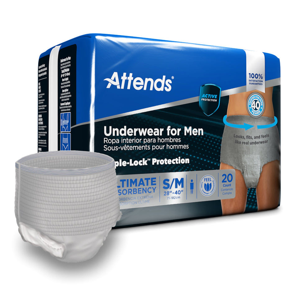 Attends Discreet Men's Underwear, Level 5, Small / Medium-Male Adult Absorbent Underwear Attends For Men Pull On with Tear Away Seams Small / Medium Disposable Heavy Absorbency