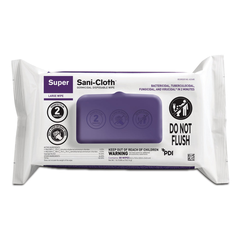 Super Sani-Cloth Large Germicidal Disinfectant Wipes, Soft Pack, 80 ct.-Super Sani-Cloth Surface Disinfectant Cleaner Premoistened Germicidal Manual Pull Wipe 80 Count Soft Pack Alcohol Scent NonSterile