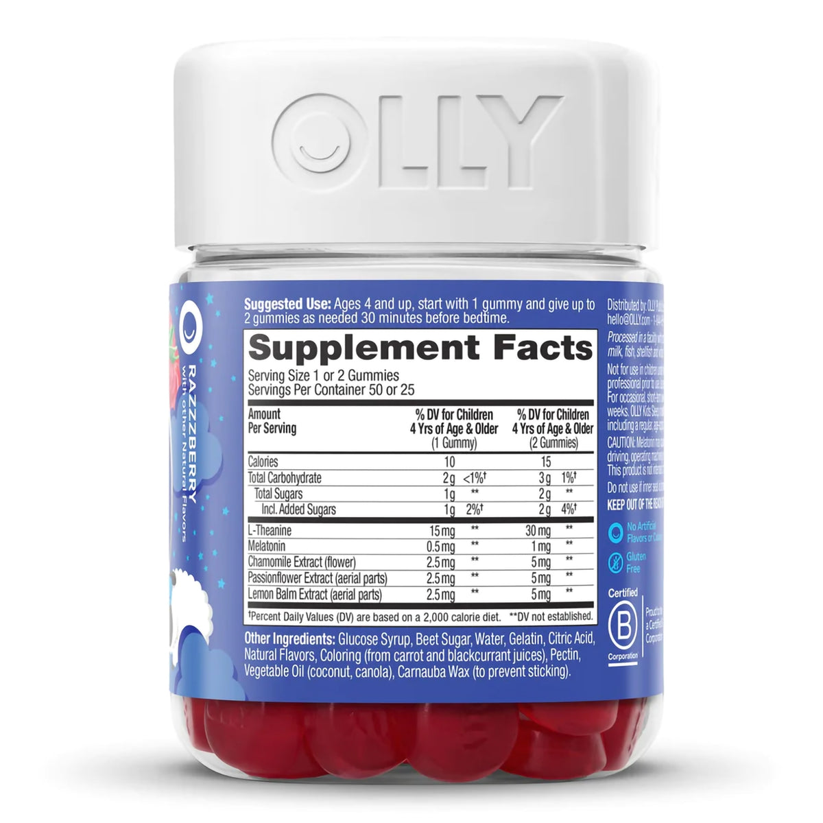 Olly Kids Sleep Gummies, Razzzberry-Dietary Supplement OLLY Kids Sleep L-Theanine / Melatonin / Botanicals 15 mg - 0.5 mg - 2.5 mg Strength Gummy 50 per Bottle Raspberry Flavor
